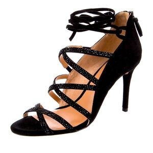 NWT. Halston Heritage Serena Black Sparkly Strappy Ankle Tie Stilletos. Size 6.